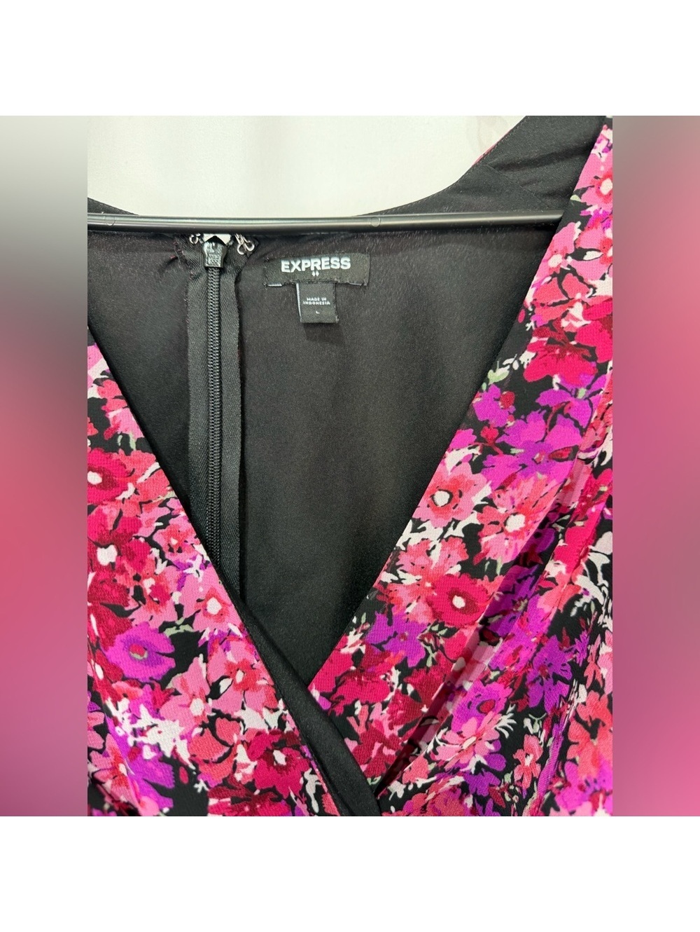 Express Vibrant Pink and Purple Floral long sleeve midi dress - Picture 2 of 5